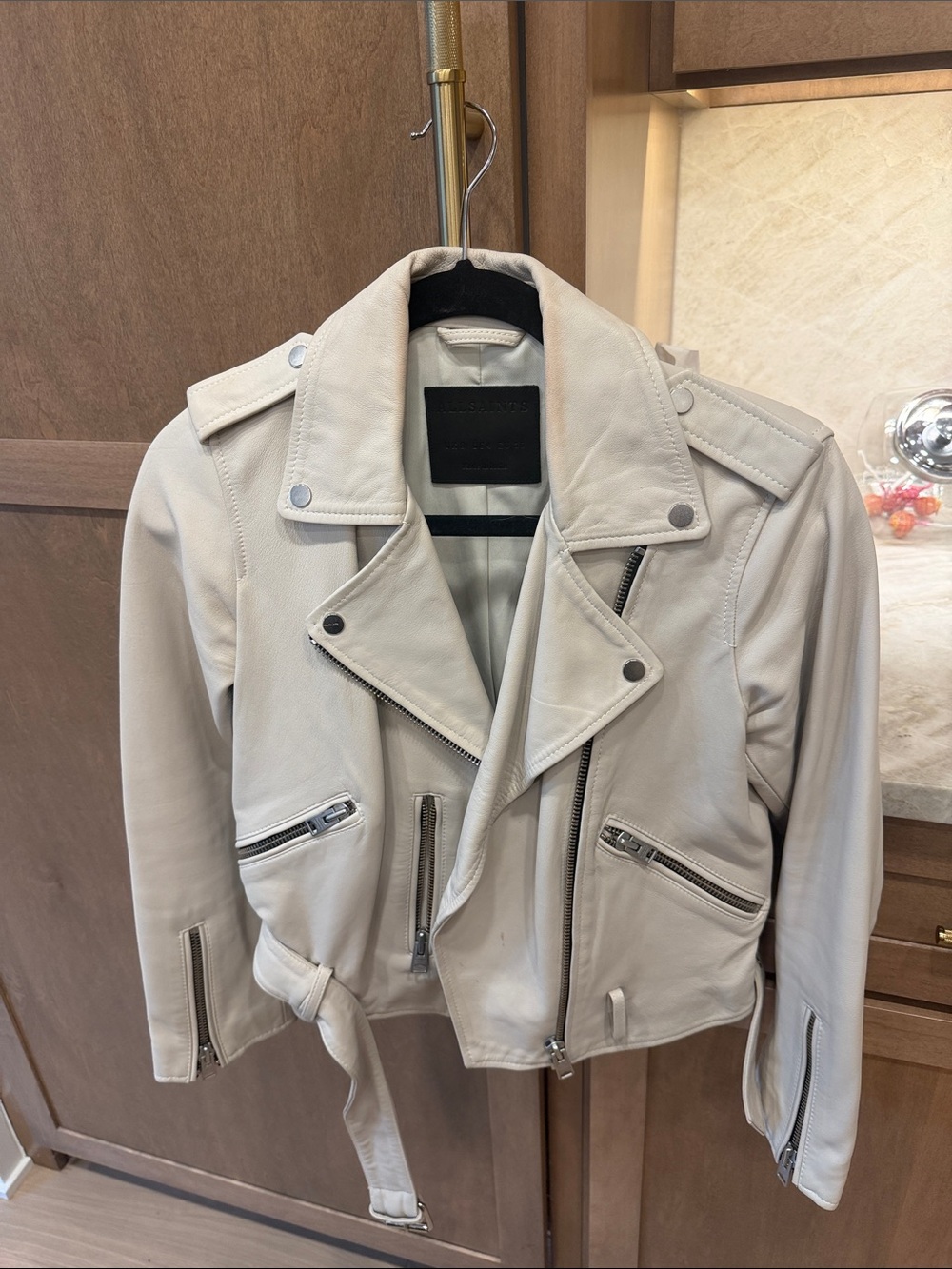 AllSaints Cream Leather Moto Jacket